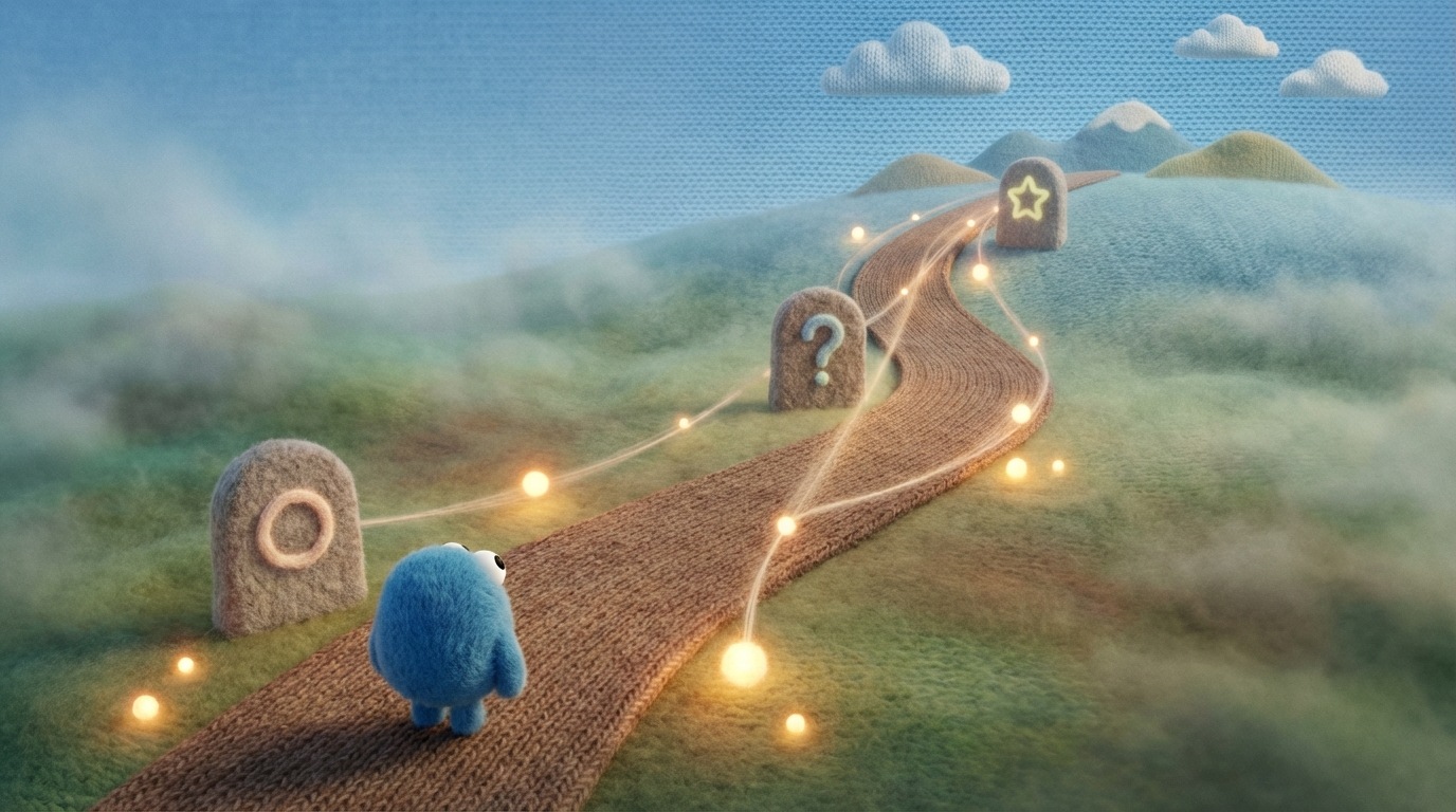 A winding, upward-sloping road with distinct milestones marked "Awareness," "Consideration," "Decision." A small, abstract figure is at the beginning of the road, looking towards the distant "Decision" point. The path is illuminated by soft, guiding lights, and the background subtly shifts from a hazy, uncertain landscape to a clear, focused vista at the top. The colors are muted greens and browns for the landscape, with bright, hopeful lights.