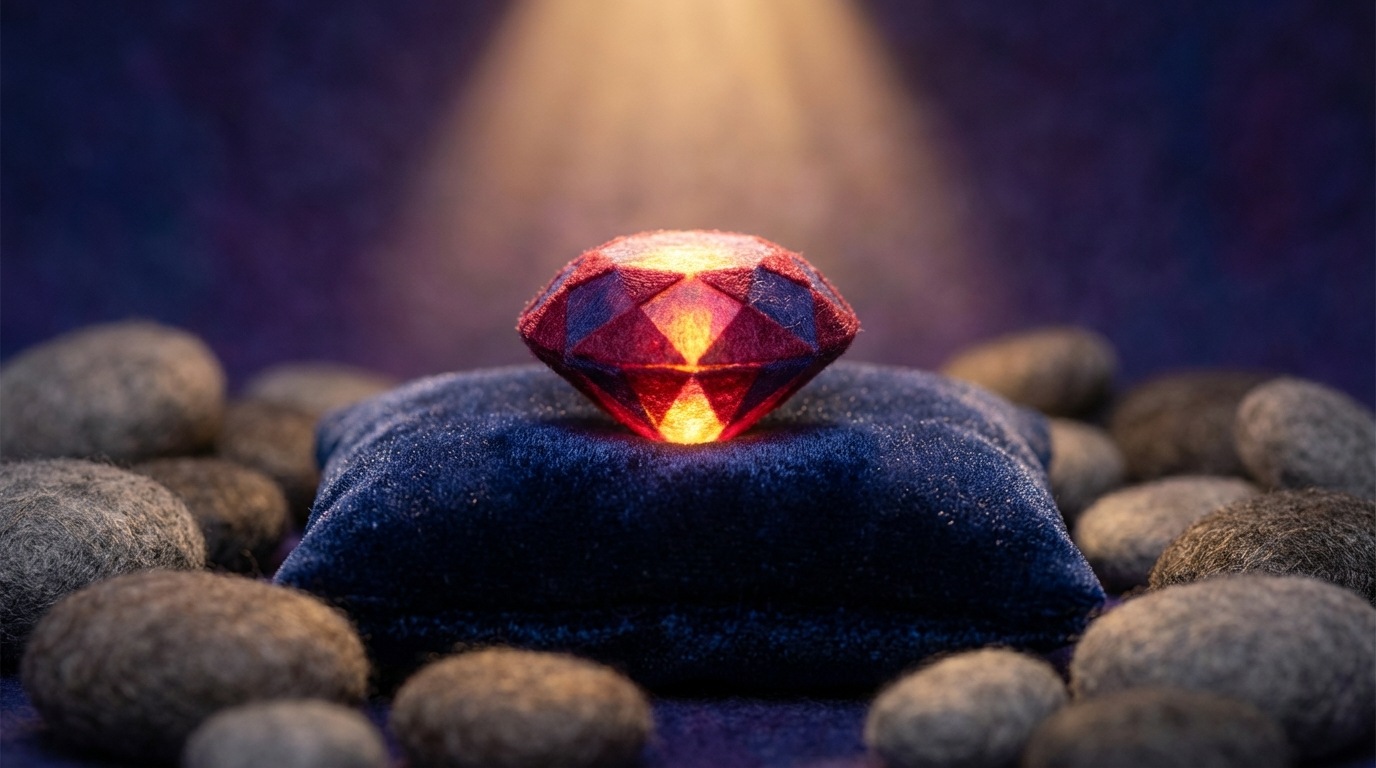 A solitary, perfectly formed jewel, glowing with an internal light, resting on a soft, dark velvet cushion. It is surrounded by many smaller, less distinct, and duller pebbles, which are out of focus. A gentle, focused spotlight illuminates only the central jewel, highlighting its unique brilliance, precision, and value. The background is simple and blurred, drawing all attention to the central, specialized object. The mood is one of focused excellence and high value. Rich, deep colors for the velvet and background, with a contrasting bright sparkle on the jewel.
