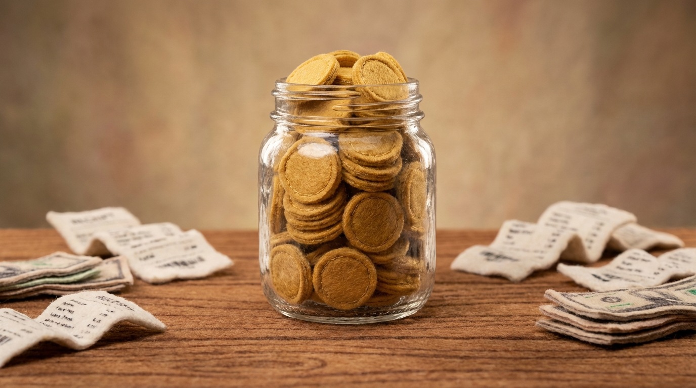 A clear glass jar filled with golden coins, prominently labeled "Net Profit." The jar is placed on a simple wooden table. Around it, scattered receipts and small piles of various bills (representing different expenses like marketing, operations, taxes) are visibly pushed aside or already accounted for, leaving the central jar of pure profit. Clean, focused composition.