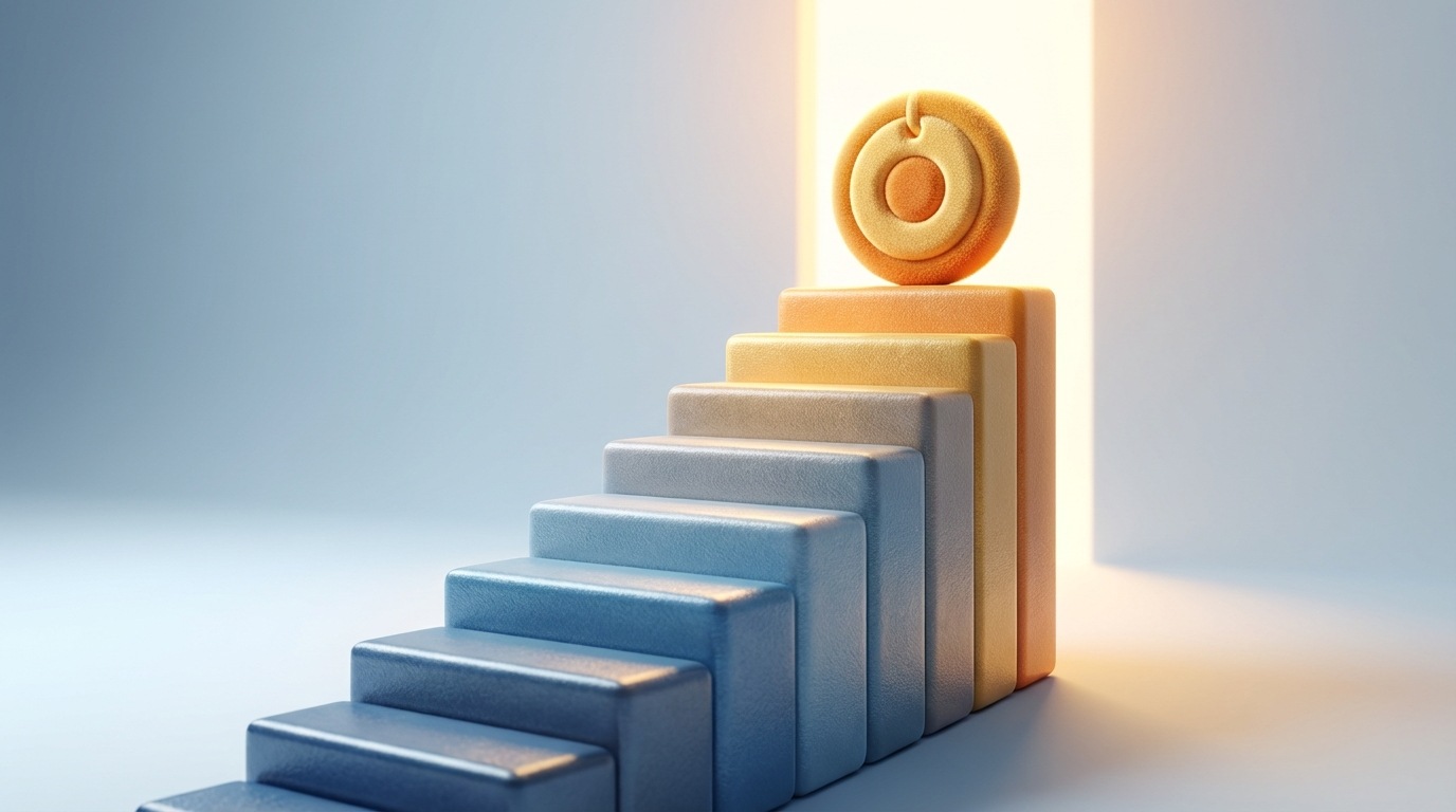 A stylized, ascending staircase made of polished, sturdy blocks, each representing a step in value creation (e.g., "Improved Service," "New Features," "Expert Team"). At the top of the staircase, a slightly higher price tag symbol is placed confidently. The staircase is well-lit, leading upwards towards a bright, open space. The scene conveys a sense of progress, justified growth, and confidence. The color palette is clean and professional, with cool blues, grays, and warm accents at the top.