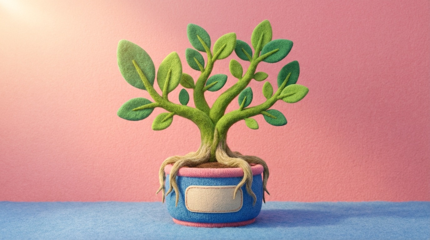 A stylized illustration of a vibrant, growing plant. The roots are firmly planted in a pot labeled 