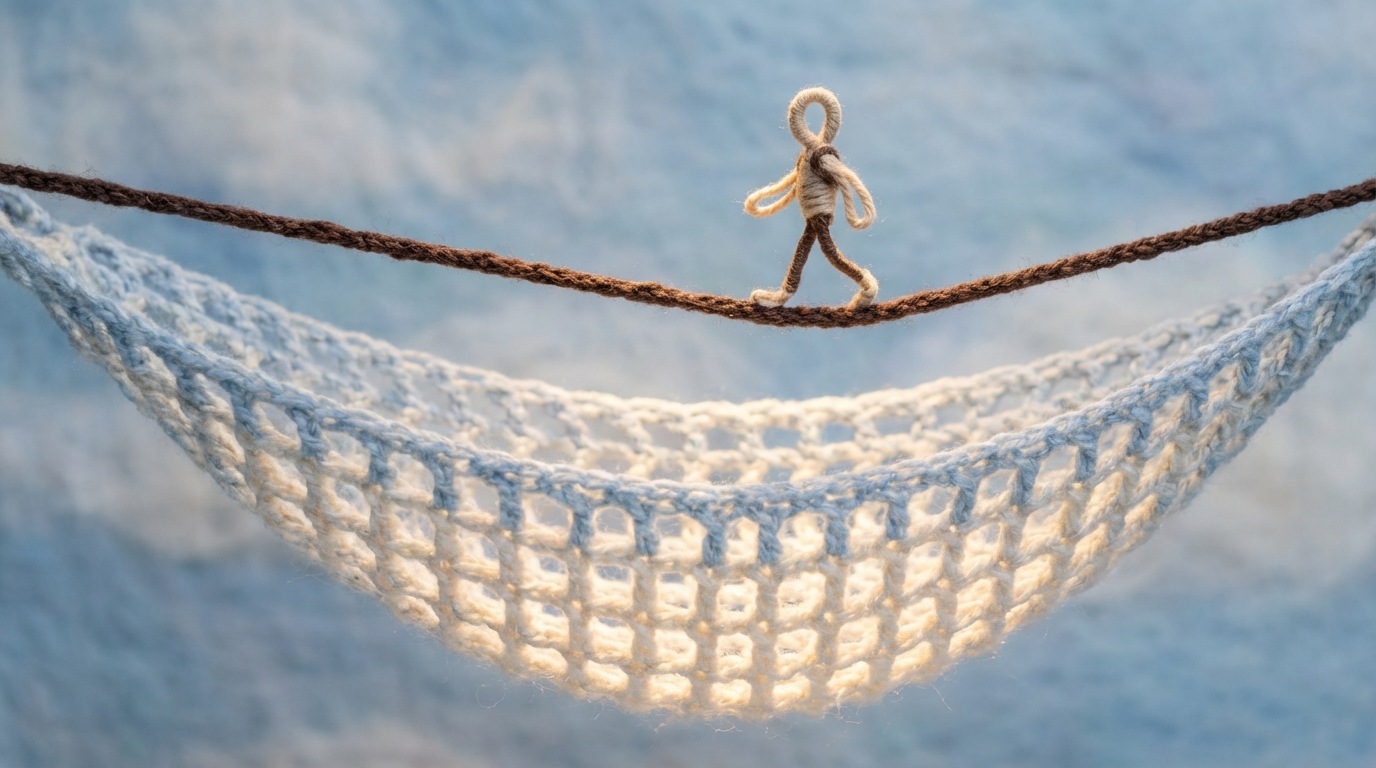 A large, soft, protective net suspended gently beneath a tightrope walker. The tightrope walker, an abstract figure, is confidently walking across a high wire, knowing the net is there to catch them if they fall. The net glows with a subtle, reassuring light, symbolizing guarantees and safety. The background is a vast, open space, emphasizing the height and the security provided. Soft, calming blues and whites for the net, contrasting with the slender dark tightrope. Low angle looking up.