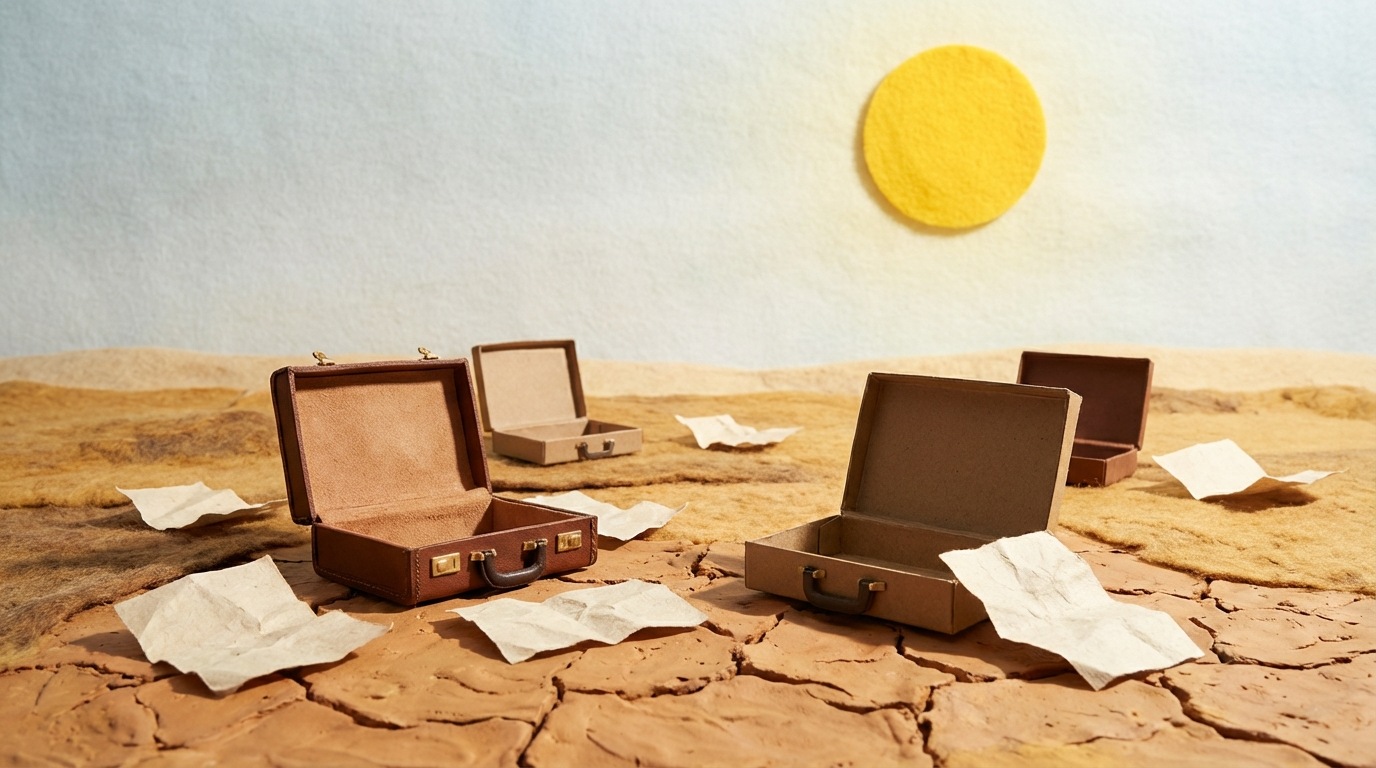A barren, cracked desert landscape under a harsh, bright sun. In the foreground, there are scattered, empty briefcases and discarded documents, symbolizing lost opportunities and wasted resources. The overall mood is desolate and cautionary. The color palette is dominated by dry yellows, browns, and a pale, washed-out sky, emphasizing a sense of decay and inaction.