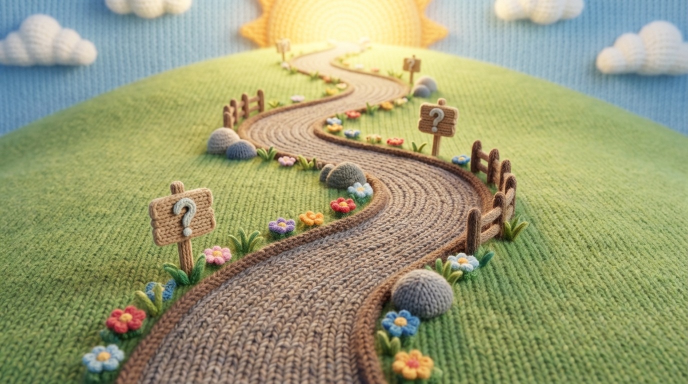 A winding, ascending path or road disappearing into the distance, symbolizing a long journey or a complex process. The path is clearly marked and well-maintained, suggesting a guided and intentional progression. On either side of the path, various elements like signposts with question marks and small obstacles are visible, representing customer doubts and challenges that a long landing page addresses. The overall mood is one of forward movement and exploration, with a warm, inviting light at the end of the path.