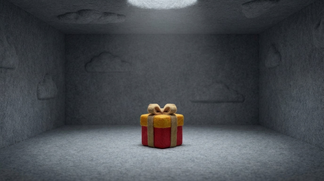 A single, beautifully wrapped gift box, meticulously crafted and visually appealing, sits alone in the middle of a vast, empty room. There are no signs of celebration or recipients. The room is dimly lit, emphasizing the isolation of the gift. The mood is one of missed opportunity and wasted effort. The gift box has vibrant colors (e.g., gold and red), but the surrounding environment is stark and grey.