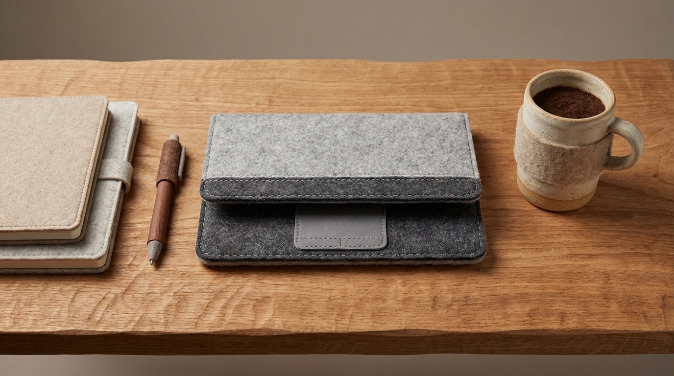 A bird's-eye view of a clean, organized desk. A laptop is centered, with notebooks and a pen to the left, and a coffee mug to the right. The composition is minimalist and focused. The color palette is neutral, featuring wood tones and grayscale accents.