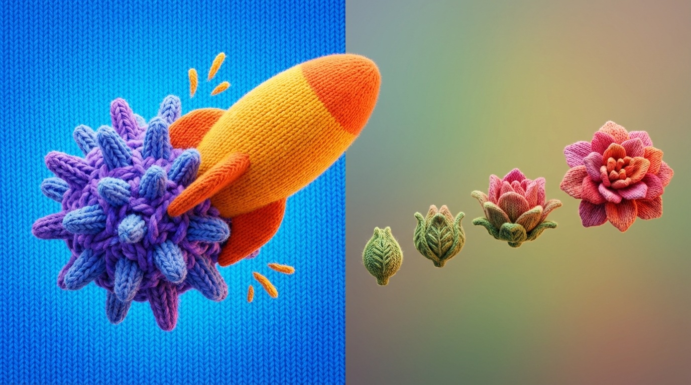 A visual metaphor representing two types of change. On the left, a large, bold, abstract shape is completely transformed into a new, distinctly different shape in a single step, symbolizing a "revolutionary" change. On the right, a smaller, more intricate shape gradually morphs through several subtle stages, showing an "evolutionary" process. The background is a soft gradient, with a vibrant color on the left and a series of muted, blending colors on the right. The mood is dynamic and progressive.