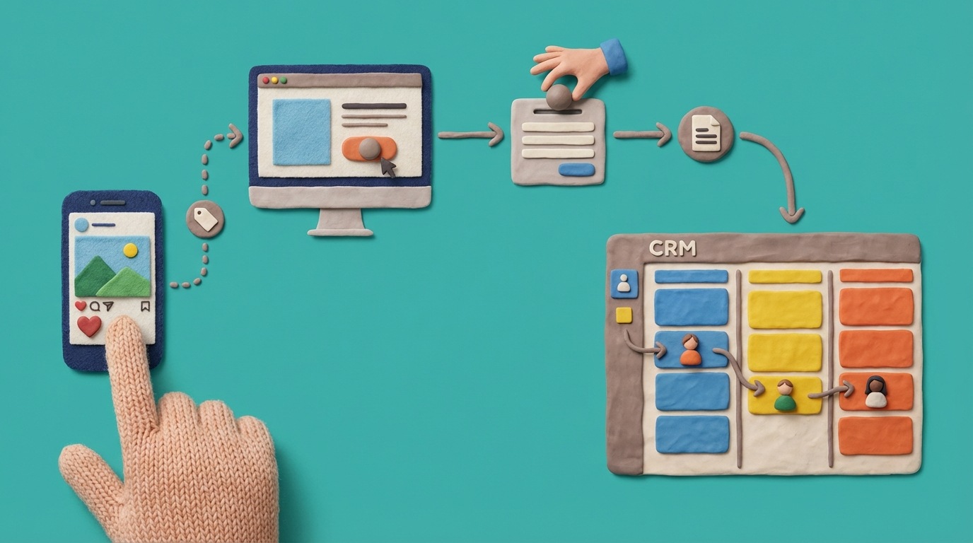 A flow chart illustrating the lead tracking process from social media to sales. It shows a user interacting with a social media post, clicking a link with UTM tags, landing on a website, filling out a form, and the data being transferred to a CRM system where sales stages are tracked.