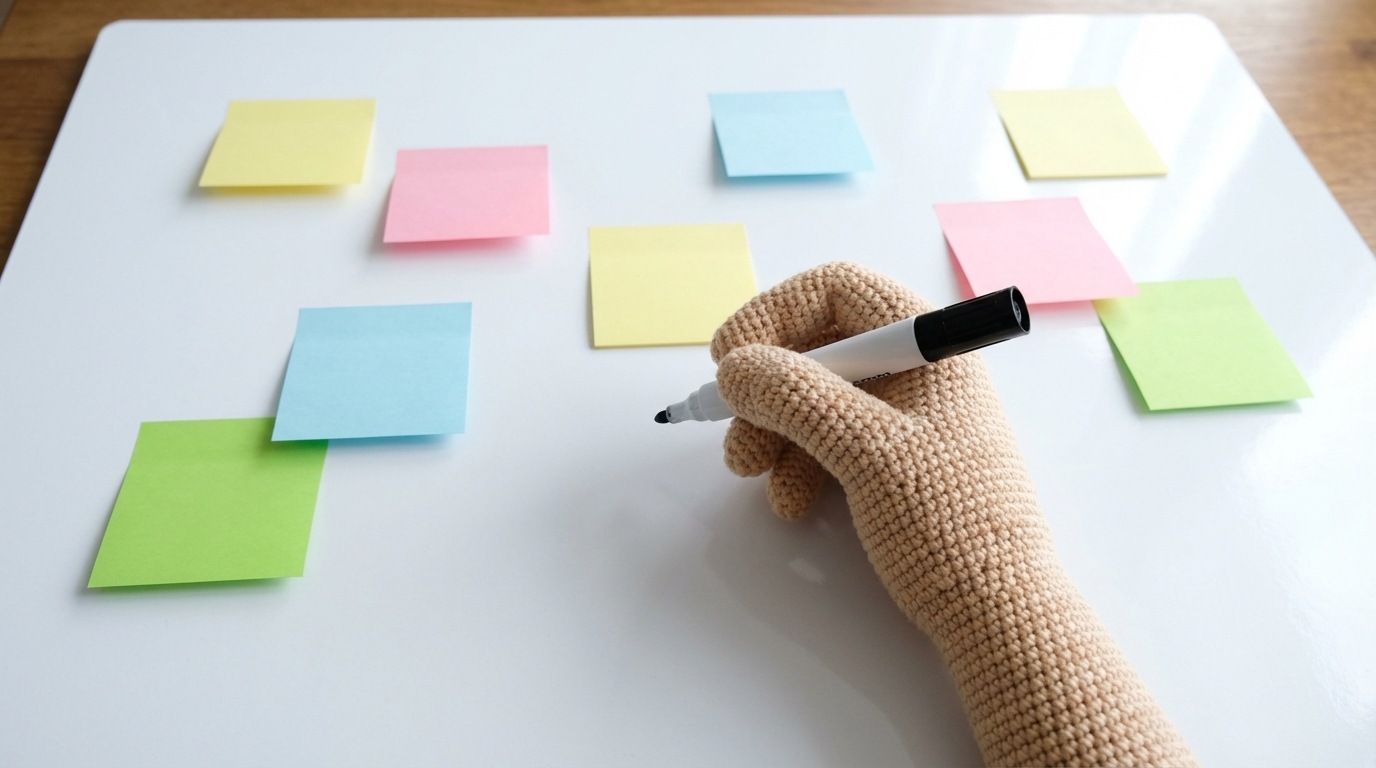 An overhead view of a large, blank whiteboard with a few scattered sticky notes in various colors. A hand is holding a marker, poised to begin drawing lines and connecting the notes, symbolizing the initial, iterative process of mapping out a complex system. The composition is clean and focused on the potential for organization and clarity. The mood is one of preparation and strategic planning.