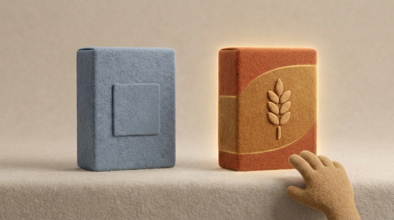 A visually appealing illustration of two distinct, stylized product boxes side-by-side. The box on the left is plain and generic, with a simple 