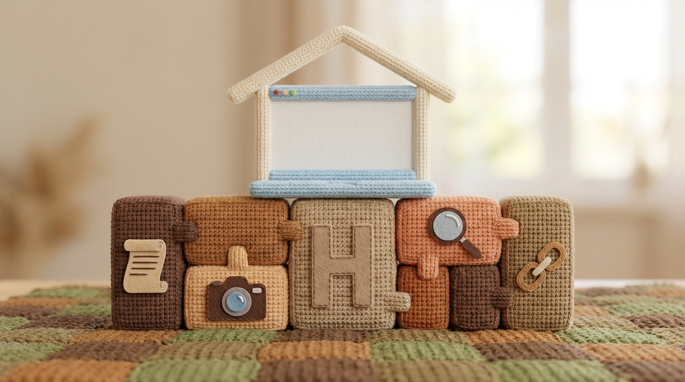 A strong, solid foundation made of interlocking blocks, each labeled with a simple icon representing an on-page SEO element (e.g., text, image, header). On top of this foundation, a simple, elegant website structure begins to rise. The foundation is firmly rooted in the ground, suggesting stability and importance. Warm, earthy tones for the foundation, clean, modern lines for the website structure.