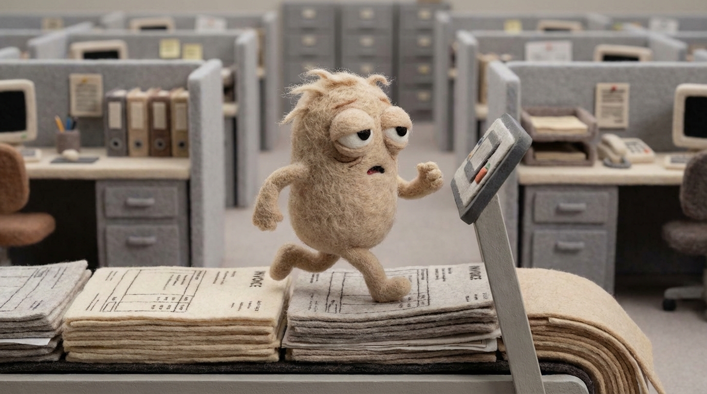 A small, stylized figure is running endlessly on a treadmill made of business documents and invoices, with a blurred background of repetitive office tasks. The figure looks exhausted, and the treadmill is stationary, emphasizing the lack of progress despite continuous effort. The color scheme is monotonous, with shades of gray and beige. Medium shot.
