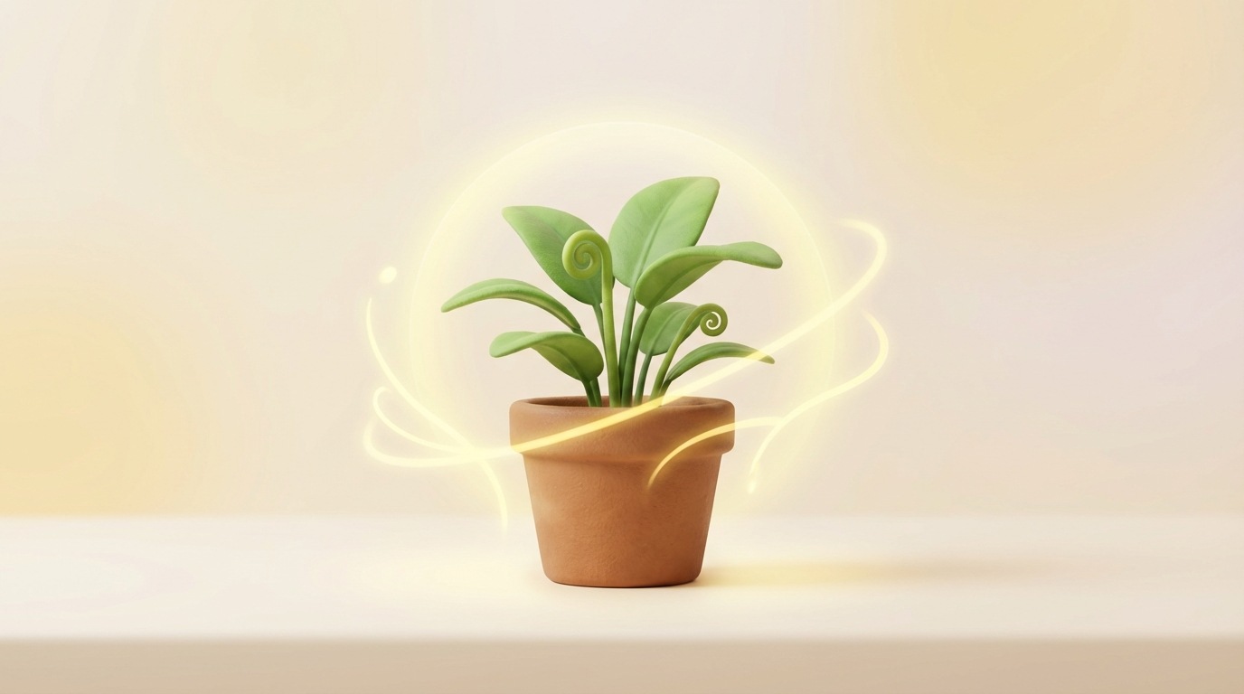 A small, healthy plant in a pot, with new leaves unfurling, symbolizing growth and renewal. A gentle, abstract glow surrounds the plant, representing care and nurturing. The pot sits on a clean, simple surface. The background is soft and inviting. The color palette uses fresh greens for the plant, warm browns for the pot, and a soft, ethereal yellow glow, conveying a sense of ongoing relationship and positive development.