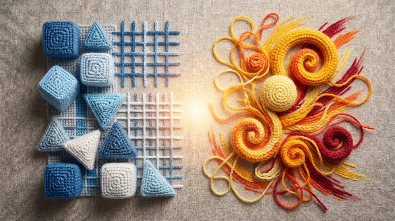 A balanced composition featuring two opposing forces harmoniously coexisting. On one side, a series of precise, geometric lines and a subtle grid pattern, representing structure. On the other, fluid, organic shapes and free-flowing brushstrokes, representing freedom and creativity. A central, soft light source unifies them, creating a sense of equilibrium. The color palette blends cool, orderly blues with warm, expressive yellows and reds.