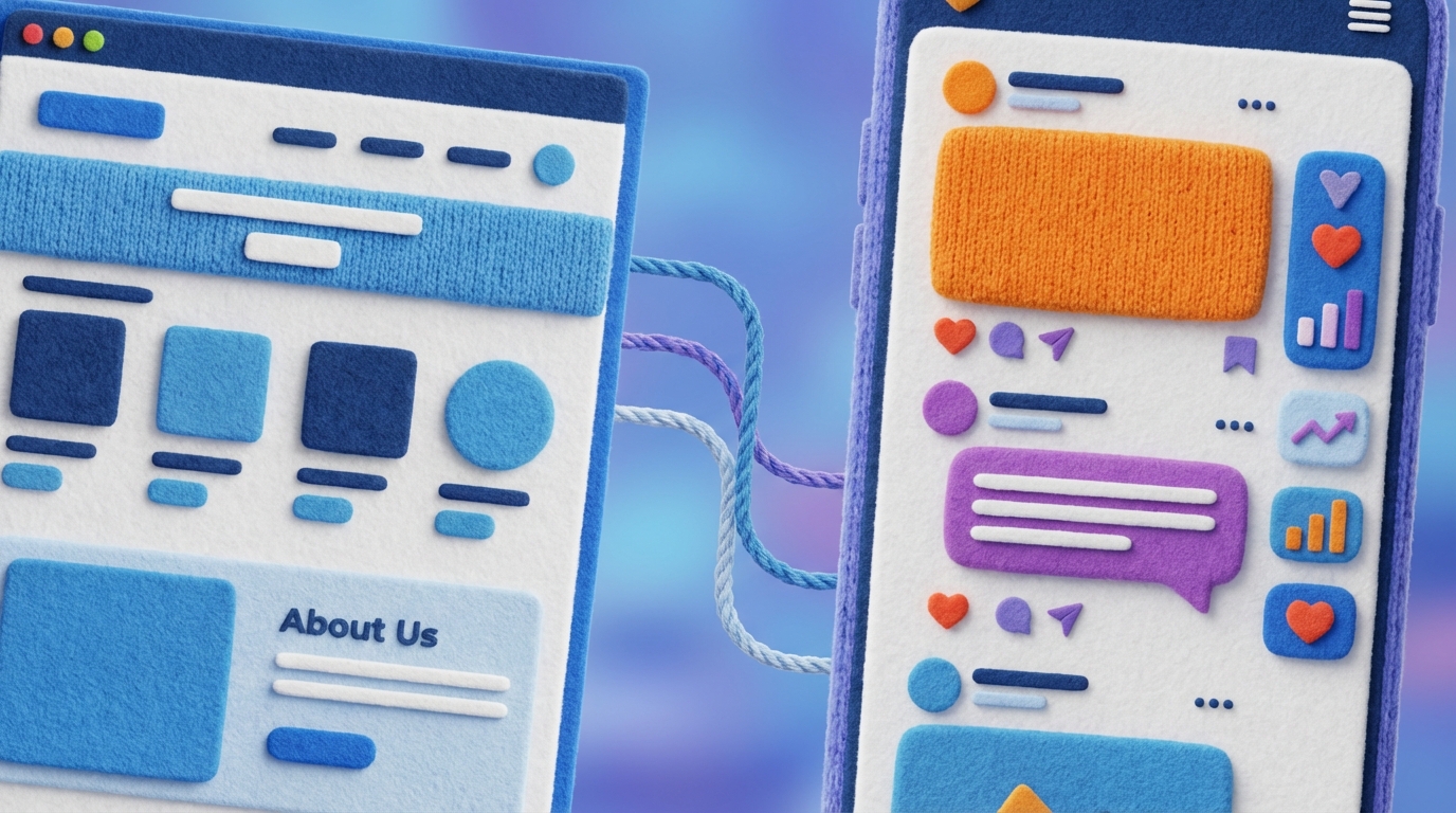 A split screen showing two different digital interfaces. On the left, a clean, modern website with product listings and an 'About Us' section. On the right, a social media feed with posts, comments, and engagement metrics. The two screens are connected by subtle lines, suggesting data flow. Bright, digital color palette with blues, whites, and various UI elements. Close-up, slightly angled view.