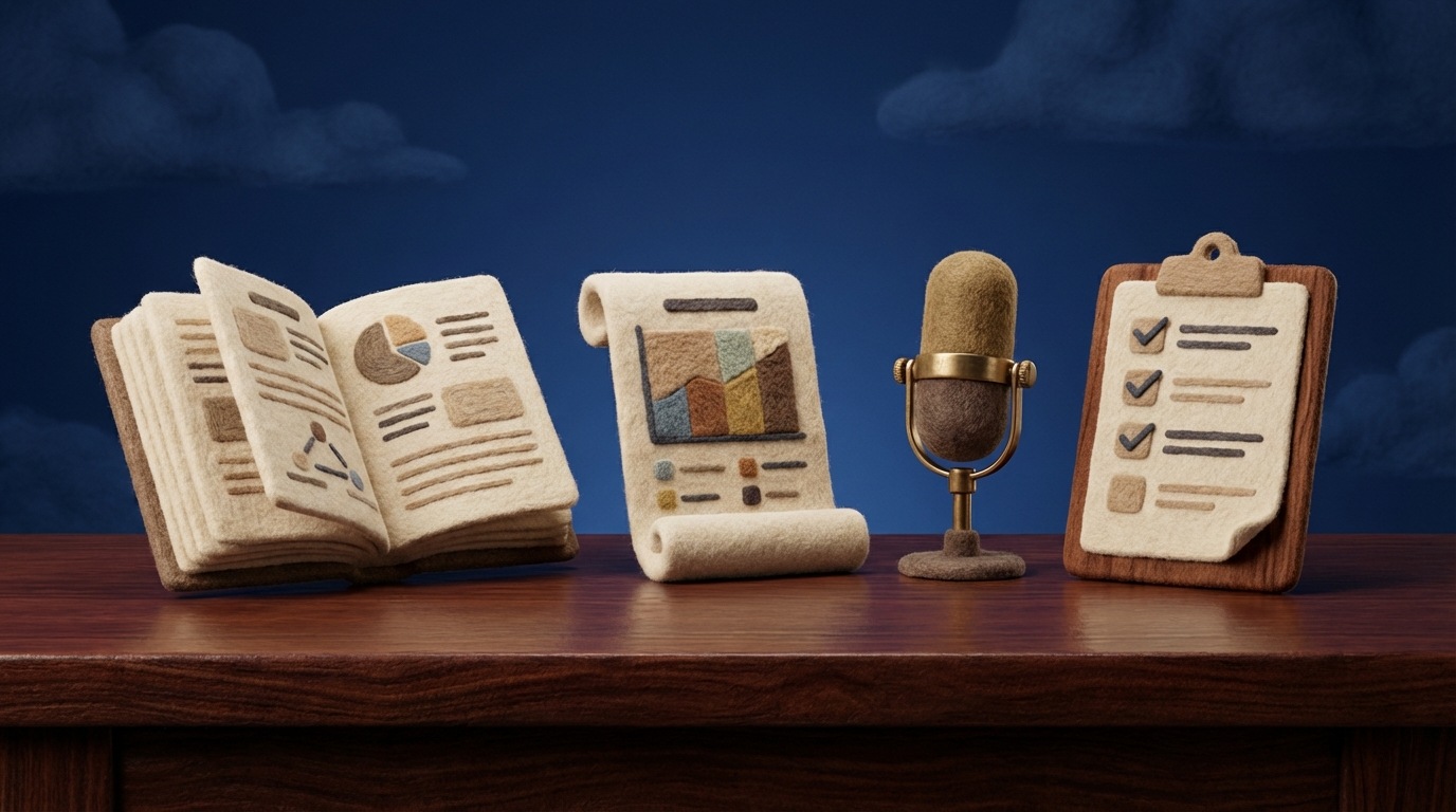 A set of four distinct, neatly arranged tools on a polished, dark wooden surface. These tools are stylized representations of content formats: a thick, open book (articles/guides), a document with a chart (case studies), a microphone (podcasts/webinars), and a clipboard with a checklist (templates/checklists). Each tool is rendered with a clean, professional aesthetic, suggesting utility and precision. The lighting is soft and focused, creating a serious and purposeful mood. Colors are rich and deep, like mahogany and brass.