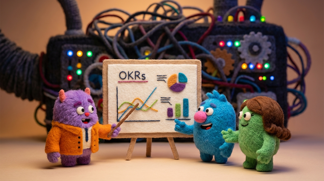 A small, brightly colored team using a simple whiteboard with a few clearly written OKRs and progress lines. They are actively discussing and pointing at the board. In the background, partially obscured and out of focus, is a massive, complex, and dark machinery with many blinking lights and wires, representing an overly complicated system. The focus is on the small team's agility and direct engagement with their clear goals, in warm and inviting tones.