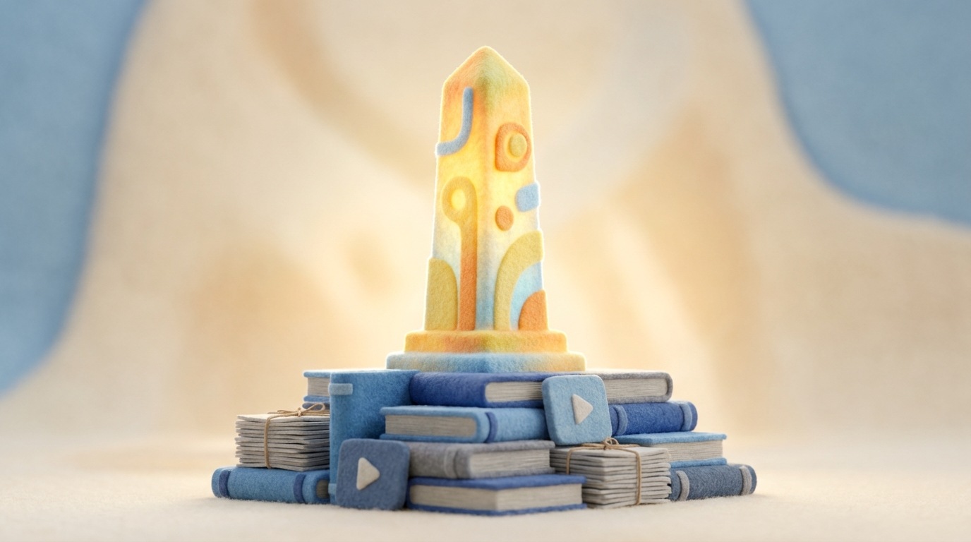 A strong, multi-layered foundation is being constructed. The base layer is composed of various content elements, such as interlocked books, reports, and video icons. On top of this robust foundation, a stylized, authoritative monument or pillar is steadily rising, symbolizing "Expertise" and "Trust." The entire structure appears solid and stable, set against a soft, encouraging background. The color palette emphasizes solidity and growth, featuring deep blues and grays for the foundation, and upward-reaching elements rendered in brighter, aspirational tones.