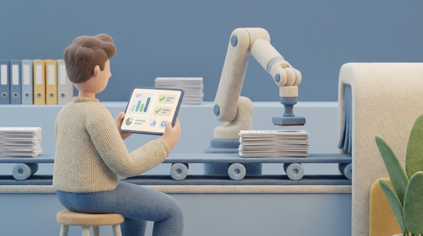 A series of simple, repetitive tasks (e.g., stamping documents, sorting papers, sending identical messages) being performed by a stylized, efficient robotic arm in the background. In the foreground, a person is observing the process with a relaxed posture, holding a tablet that displays simplified data. The background shows a streamlined, organized workflow, highlighting the ease and efficiency brought by automation. The colors are clean, functional, and indicate a modern, optimized environment.