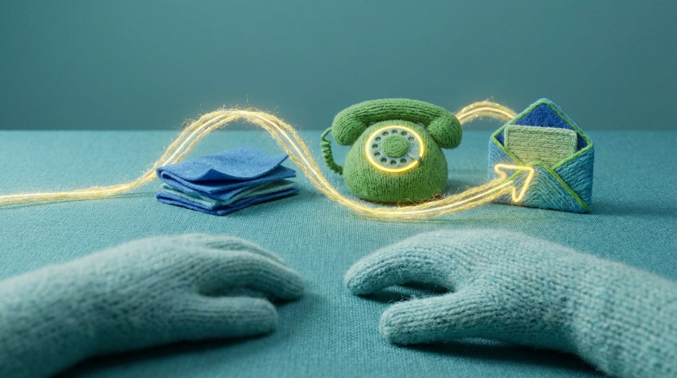 A stylized, clean workspace with several simple, abstract tasks represented by geometric shapes (e.g., a small stack of papers, a ringing phone, an open email icon). These tasks are interconnected by glowing, ethereal lines that move smoothly and quickly between them, indicating automated flow. A single, human hand is seen in the foreground, observing the process with a relaxed posture, freed from manual intervention. The colors are predominantly cool blues and greens, with the glowing lines in a vibrant, energetic yellow, symbolizing efficiency and speed.