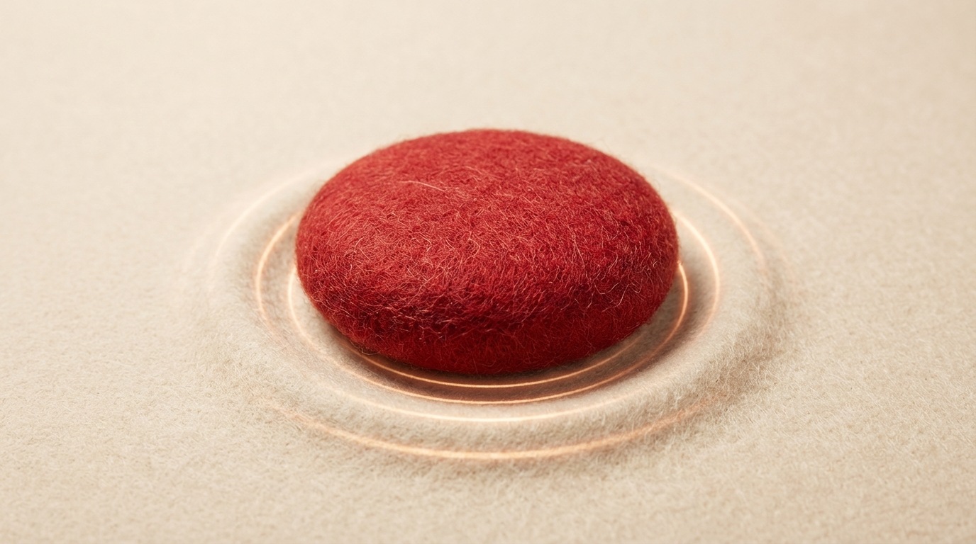 A large, prominent, brightly colored button (no text on image) positioned centrally on a clean, simple digital interface background. The button has a subtle three-dimensional quality, inviting interaction. Around the button, abstract visual cues like subtle glowing lines or a gentle ripple effect draw attention to it as the focal point. The color of the button is a vibrant, action-oriented hue (e.g., a rich red or a deep green) that stands out against a neutral background. The composition is focused and unambiguous, signaling the final action.