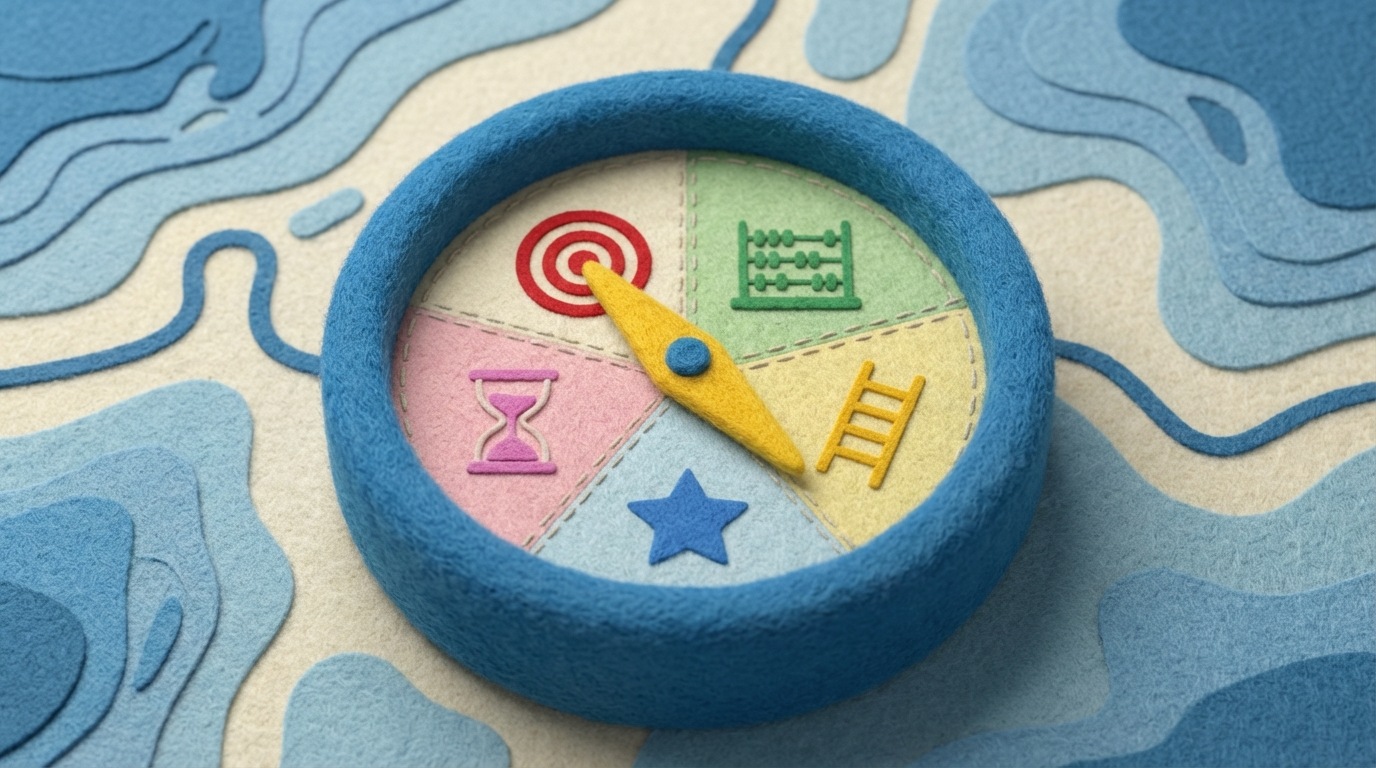 A visual representation of a compass with a clear, steady needle pointing towards a defined destination. The compass face is divided into sections representing 