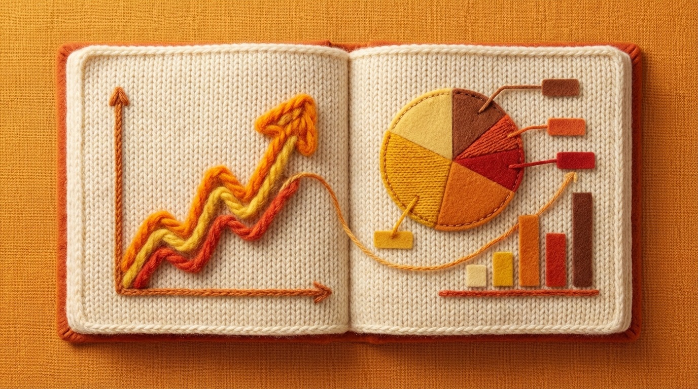 A stylized, open storybook with a series of interconnected data visualizations appearing on its pages. On the left page, a line graph shows dynamic growth. On the right, a pie chart illustrates market share, and a small bar chart shows product performance. All elements are seamlessly integrated into a cohesive narrative flow, as if the book is telling a business story. The color palette is warm and inviting, suggesting clarity and understanding.