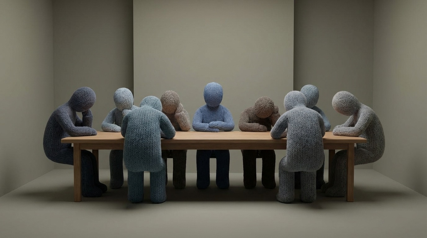 A group of abstract, faceless figures sitting at a long table. Some are looking down, some are staring blankly, and their posture is slumped. The table is bare, and the room feels empty despite the presence of figures, conveying a lack of engagement and energy. A dull, monochromatic color scheme.