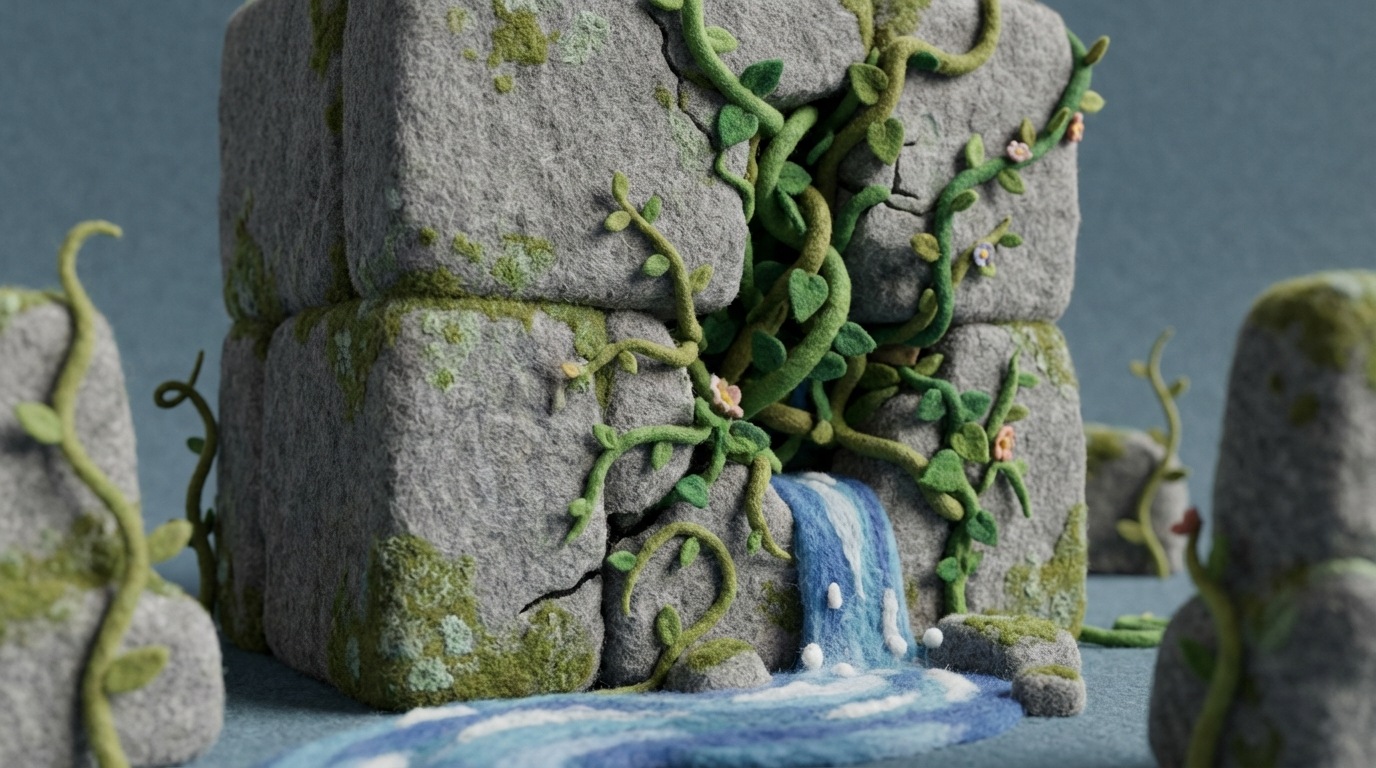 A rigid, unyielding structure, perhaps an old stone wall or a block of concrete, being slowly eroded or bypassed by flowing water or growing vines. The structure is static and resistant, while the natural elements are dynamic and persistent. The mood is one of inevitable change and the futility of resistance. The color palette is dominated by grays and muted earth tones for the rigid structure, contrasted with the fluid blues and greens of the natural elements.