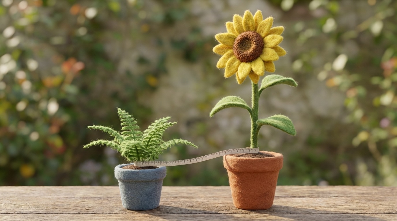 Two different types of plants growing side-by-side in separate pots. One plant is a tall, flourishing sunflower, while the other is a delicate, small fern. A measuring tape is stretched between them, highlighting their stark difference in size and nature. The scene conveys the idea that direct comparison is often misleading due to inherent differences. Natural, organic color palette with soft light.