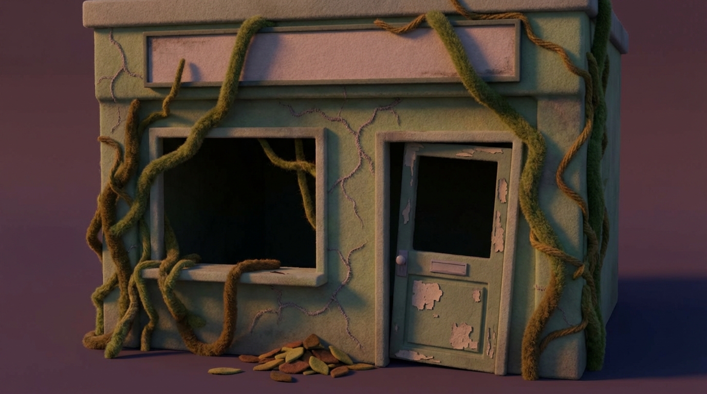 A slowly decaying structure, possibly a small business storefront, with subtle cracks appearing on its facade and a general sense of neglect. Overgrown vines are beginning to creep up the walls, symbolizing the slow, insidious damage of inaction. The scene is illuminated by dim, fading light, emphasizing a sense of decline and missed opportunity.