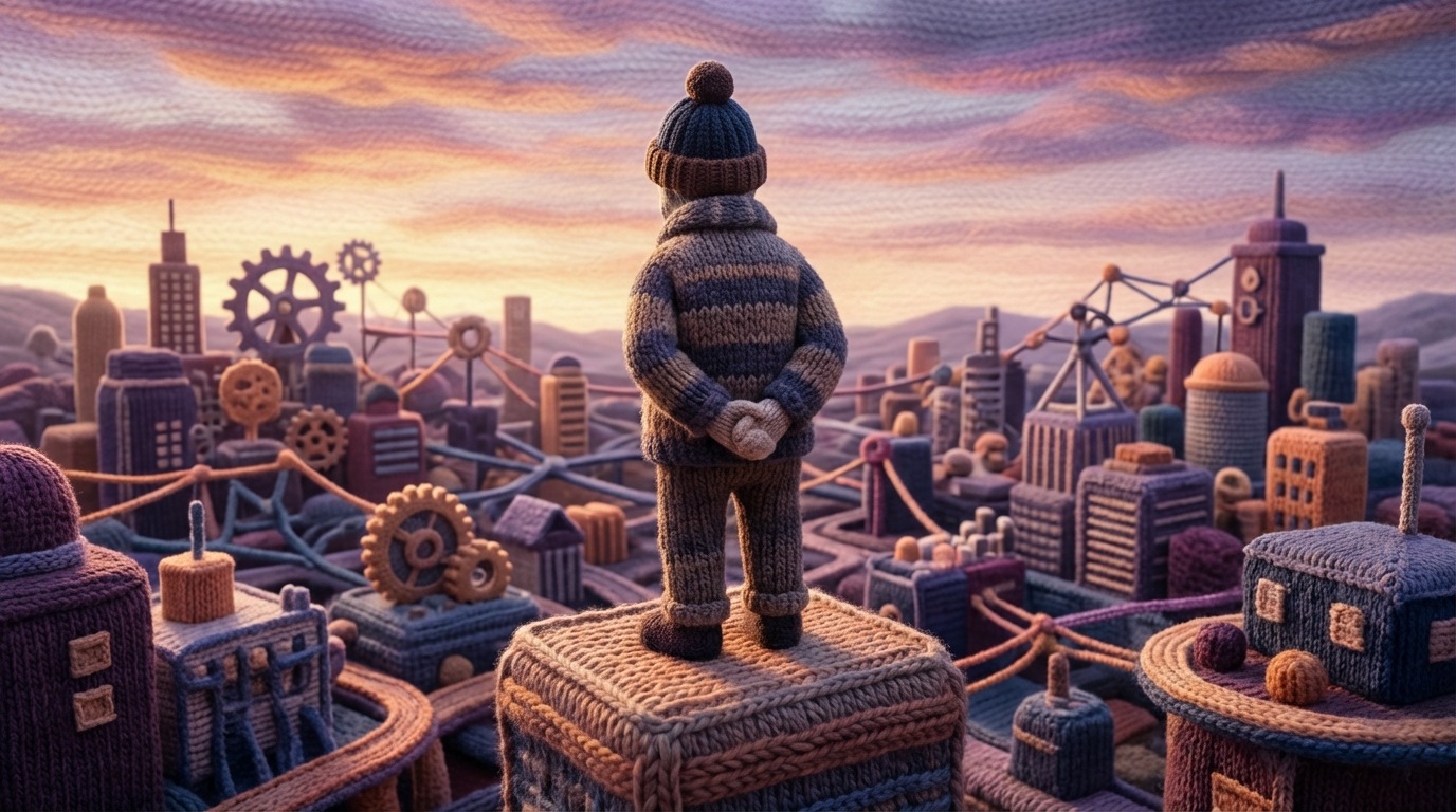 A solitary figure, seen from behind, standing on a slightly elevated platform, looking out over a vast, complex landscape of interconnected structures. The figure's posture suggests contemplation and the weight of decision. The structures below are diverse, representing different aspects of a business. The sky above is a mix of dawn colors, suggesting both new beginnings and the heavy responsibility of the coming day. A wide shot captures the scale of the landscape against the single figure. Colors are muted purples, deep blues, and soft oranges, creating a thoughtful, slightly burdened atmosphere.