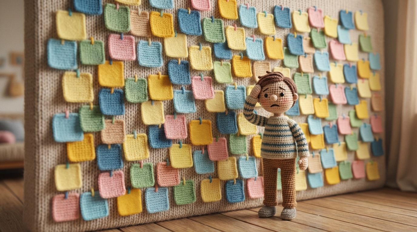 A visual representation of overwhelming choice. A person is standing in front of a wall covered with numerous sticky notes, each containing a different objective or key result. The person looks confused and overwhelmed. The background is slightly blurred, focusing attention on the sheer volume of notes.