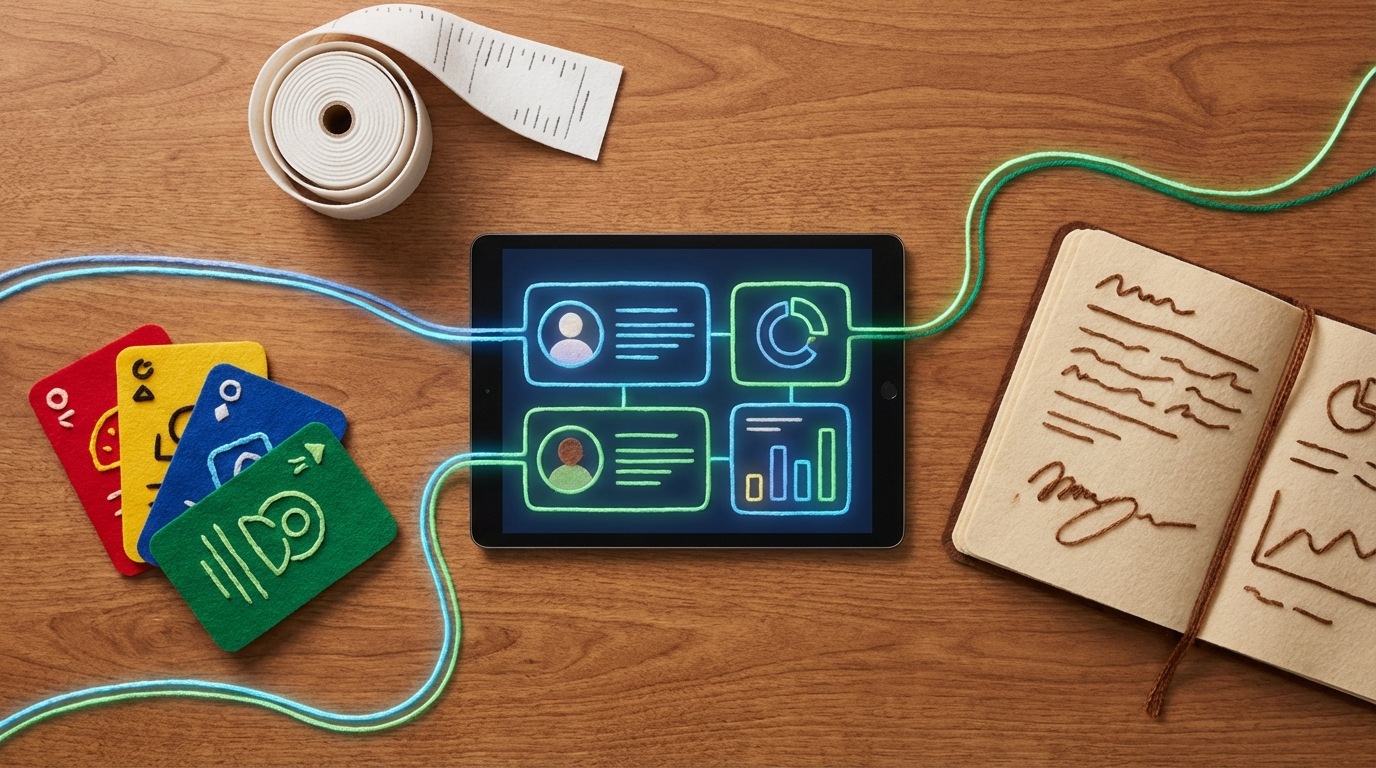 A top-down view of a neatly organized desk. In the center, a digital tablet displays a CRM interface with customer profiles. Around it, various physical items are arranged: a stack of colorful customer feedback cards, a roll of thermal receipt paper, and a small, open notebook with scribbled notes. All items are connected by subtle, glowing lines, symbolizing the flow and interconnectedness of internal data. The mood is ordered and insightful. A clean, modern aesthetic with soft blues and greens from the tablet screen, contrasting with the warm tones of paper and wood.