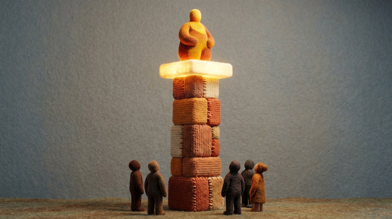 A stylized, imposing column or pillar made of various textured blocks, reaching upwards. On top of the column, a glowing, stable platform supports a single, prominent, abstract figure. Other smaller, shadowy figures look up from below, indicating respect and trust. The overall scene is solid and grounded, conveying a sense of established authority and reliability. The color palette is strong and earthy, with accents of bright, confident light.