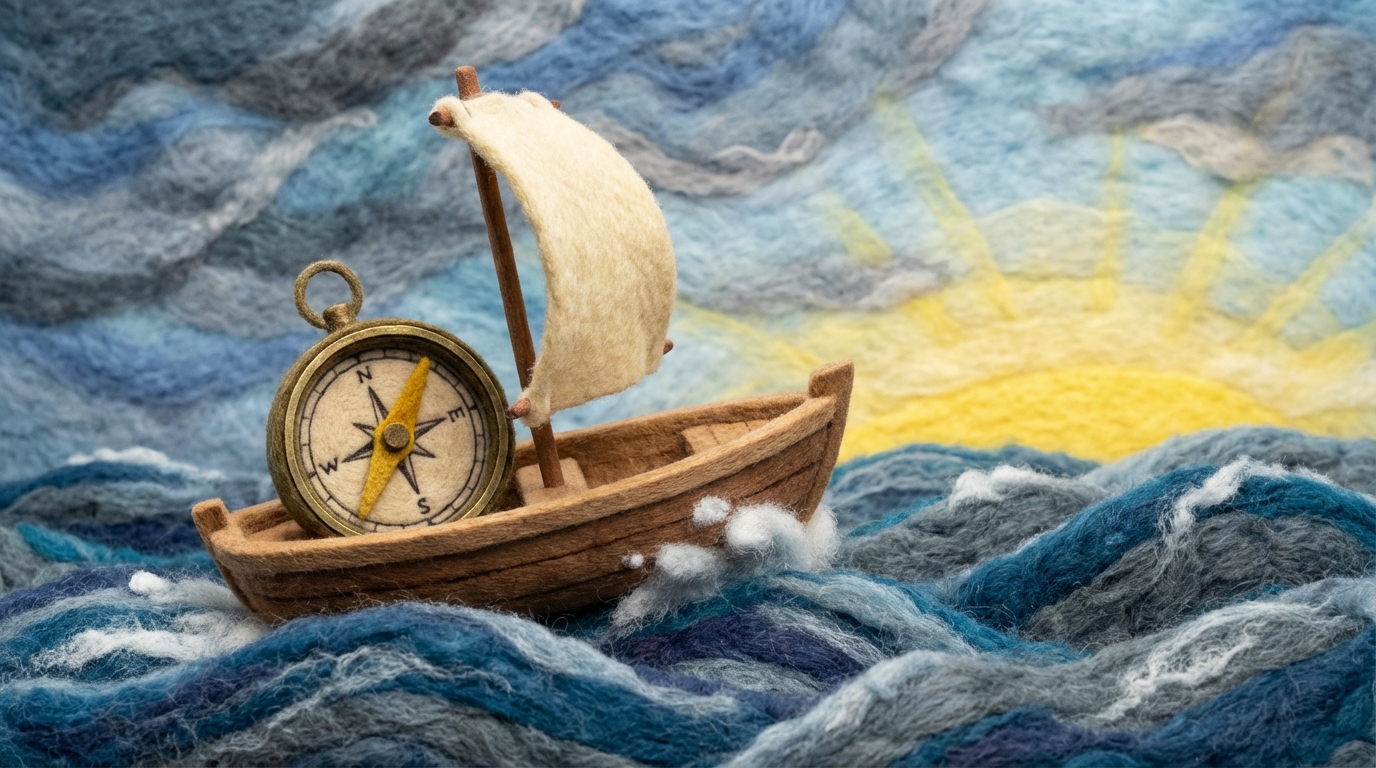 A small, sturdy boat with a single sail, navigating through choppy waters. The boat is equipped with a large, old-fashioned compass that points decisively forward, even as smaller waves hit the hull. The background shows a dynamic sky, with some stormy clouds clearing to reveal a brighter horizon. The overall mood is one of resilience and determined progress despite challenges. Dominant colors are deep blues, grays, and a hopeful yellow in the distance.
