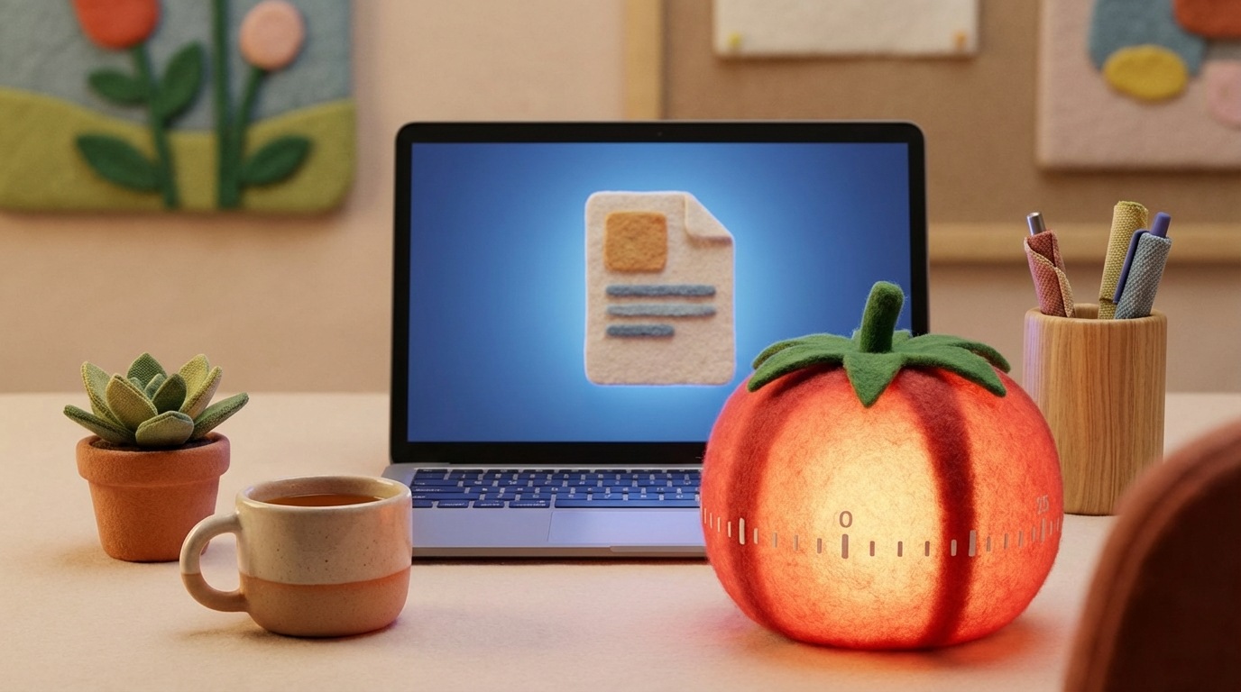A desk scene with a prominent, stylized tomato-shaped timer in the foreground, glowing softly. Around it, a workspace is neatly divided into zones of intense focus (a clean laptop screen with a single document open) and short break activities (a small cup of tea, a potted plant). The background is slightly blurred to emphasize concentration. Warm, inviting colors with a touch of focused blue on the screen. Close-up shot, emphasizing the timer and focused work.