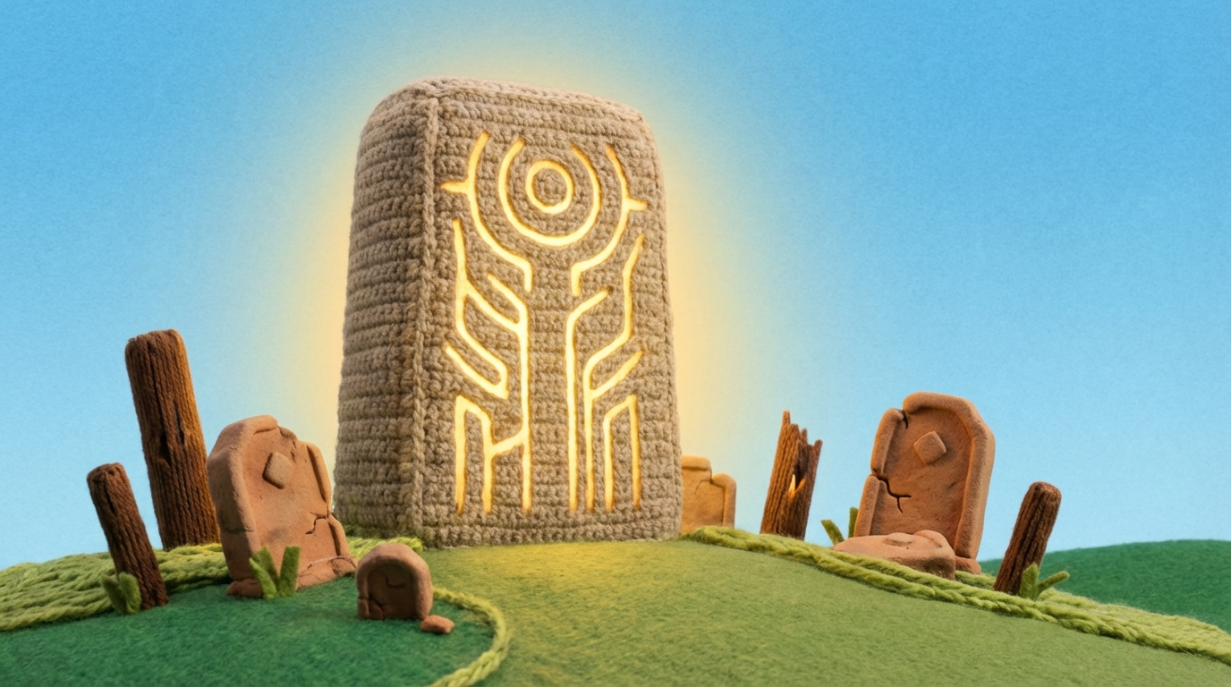 A tall, sturdy stone monument or pillar with a website URL etched into it, standing prominently on a gentle hill. Surrounding it are smaller, less stable wooden or crumbling stone markers. The main monument radiates a soft, golden glow, symbolizing trust and authority. A clear, blue sky above. Calm, established, and reliable atmosphere.