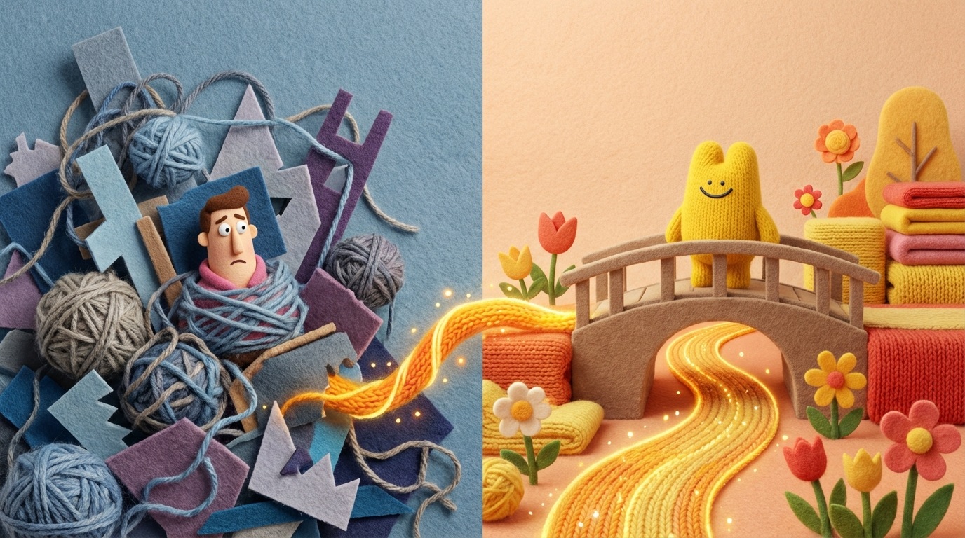 A split image, depicting a clear "before and after" scenario. The left side shows a tangled, chaotic abstract scene with muted, cool colors, representing a problem state. The right side shows an organized, harmonious scene with bright, warm colors, representing a successful resolution. A subtle, glowing path connects the two sides, symbolizing transformation. The overall mood is hopeful and demonstrative of positive change.