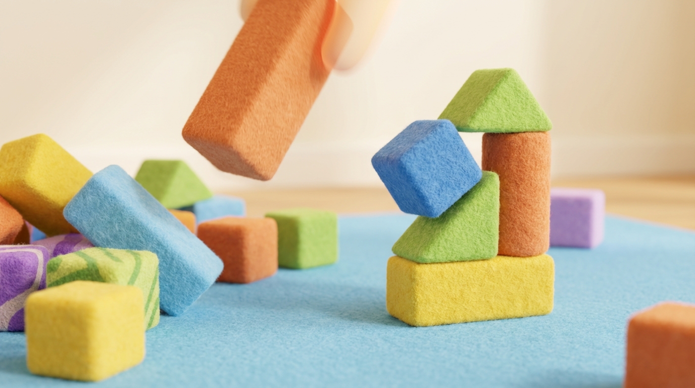 A set of different-sized, colorful building blocks being rearranged from one configuration to another on a flat surface. Some blocks are being moved to new positions, while others are being swapped, creating a more balanced and efficient structure. The dynamic, playful composition illustrates flexibility and innovative problem-solving in task management. Bright and varied color scheme.