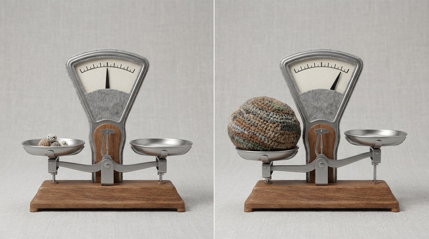 A side-by-side comparison of two traditional weighing scales. The scale on the left is almost empty, holding only a few tiny, almost invisible pebbles, with its needle barely shifting from zero, representing insufficient data. The scale on the right holds a substantial, heavy boulder, causing the needle to clearly indicate a significant weight, symbolizing the large volume of data needed for reliable results. The background is a neutral, light gray, focusing attention on the scales.