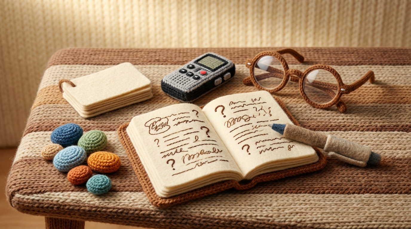 A tabletop scene, viewed from slightly above, with various tools for gathering information neatly but purposefully arranged. An open notebook lies in the center, filled with scribbled notes, questions, and observations. Beside it, a small, stylized voice recorder, a pair of eyeglasses, and several small, distinct objects representing different data points (e.g., a small stack of index cards, a few colorful, smooth pebbles). The arrangement suggests active investigation and thoughtful analysis. The mood is focused and investigative. Warm, earthy tones for the wooden table and objects, with crisp white paper.