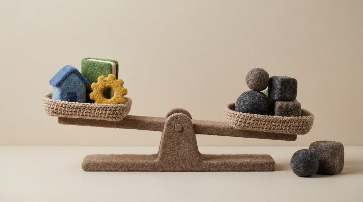 A balanced scale with two trays. On one tray, several distinct, labeled items (representing options) are carefully placed. On the other tray, abstract weights are being added or removed, symbolizing the evaluation of criteria and risks. The scale is perfectly balanced. The background is clean and neutral, emphasizing the act of weighing and comparing. Muted, thoughtful color palette. Side view.