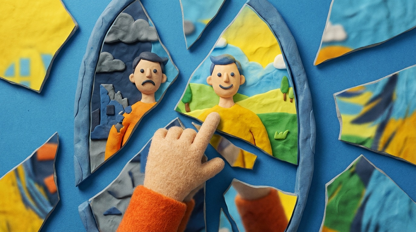 A stylized, fragmented mirror with several shards reflecting different, distorted images of the same scene. One shard reflects a positive outcome, another a negative, and others are blurred or incomplete. A hand is reaching towards only the positive reflection, ignoring the others. This represents confirmation bias and incomplete data analysis. The color palette is fractured and contrasting, emphasizing distortion. Front-facing view.