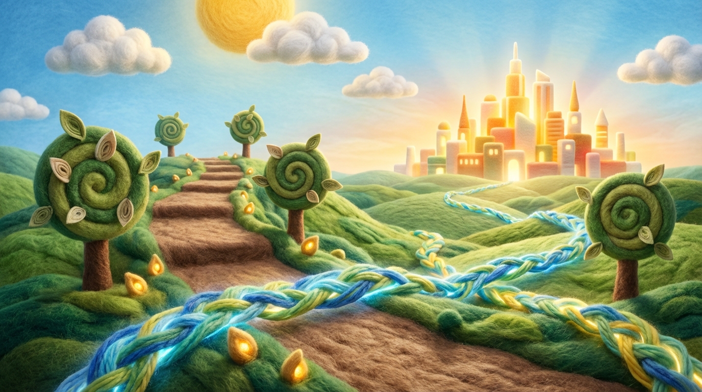 A winding, ascending path through a lush, evolving landscape, leading towards a distant, radiant city of innovation on the horizon. Along the path, various elements represent continuous development: small, glowing seeds of ideas, growing trees of knowledge, and streams of collaborative energy. The sky is bright and optimistic, and the overall color palette is a blend of vibrant greens, blues, and warm yellows, symbolizing growth and future potential.