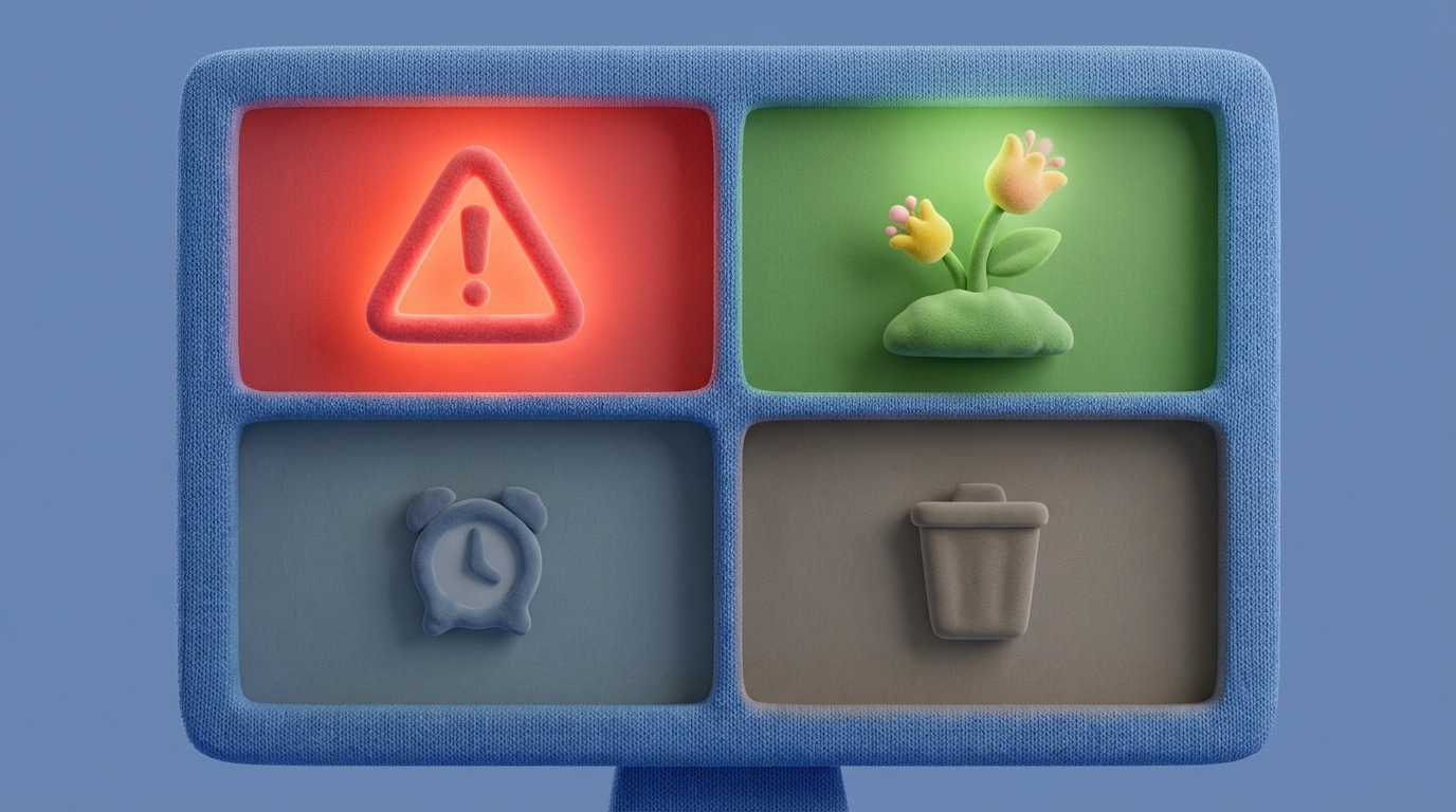 A 2x2 grid, visually representing the Eisenhower Matrix, on a digital screen. The "Urgent & Important" quadrant glows red with a warning symbol. The "Important & Not Urgent" quadrant is bathed in a calming green, showing a blossoming plant. The other two quadrants are muted, indicating less priority. Clean, modern aesthetic with clear color coding.