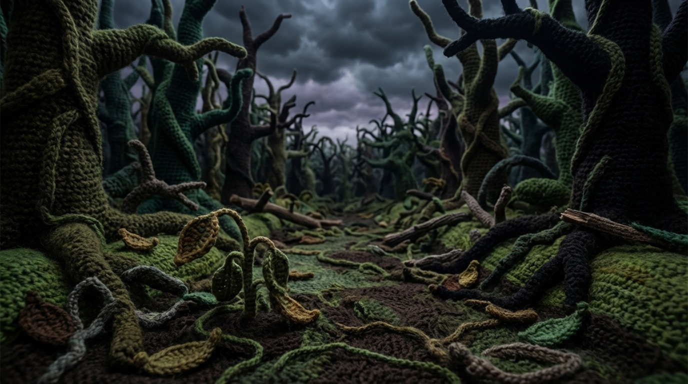 A winding, overgrown path leading into a dense, dark forest under a stormy sky. The path is barely visible, covered with fallen leaves and obstacles, suggesting neglect and wrong turns. In the foreground, a small, struggling plant with wilting leaves. The mood is somber and foreboding. A low-angle shot emphasizes the daunting nature of the path ahead. Dominant colors are deep greens, dark grays, and muted browns, conveying a sense of loss and stagnation.