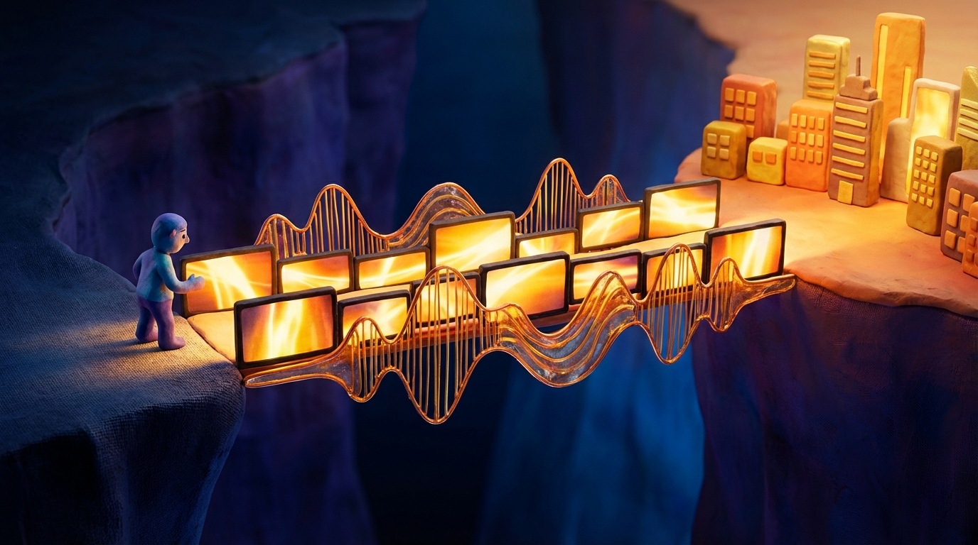 A metaphorical bridge constructed from glowing video screens and sound waves, spanning a wide, dark chasm. On one side, a lone, somewhat hesitant figure stands in shadows, representing a potential client. On the other side, a warm, inviting glow emanates from a distant, well-lit city skyline, symbolizing a trusted brand. The bridge is robust and well-lit, guiding the figure forward. The overall mood is hopeful and trustworthy, with a color palette of deep blues and purples contrasted with bright, warm yellows and oranges on the bridge and city.