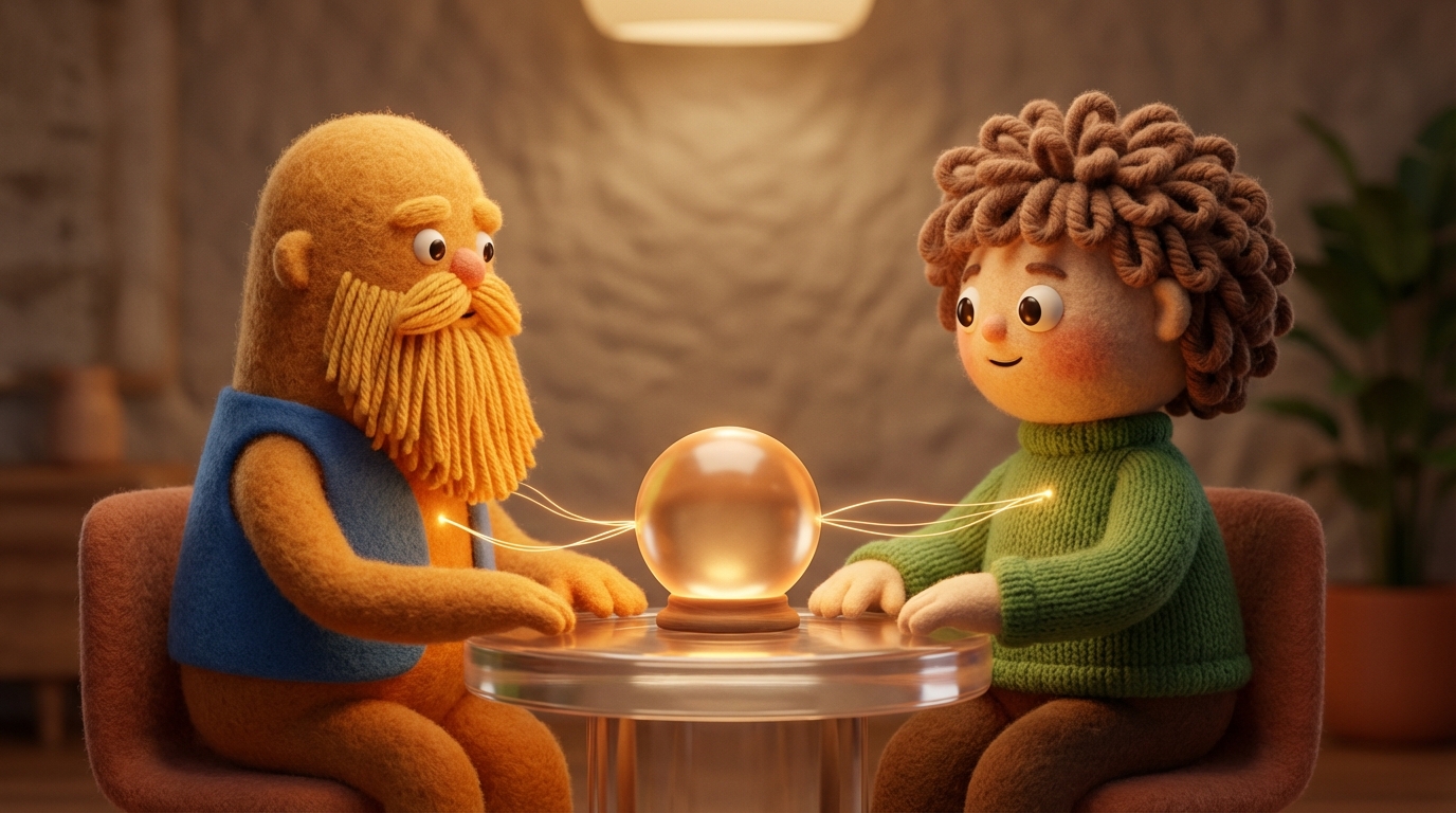 Two stylized figures, facing each other across a small, clear table. Between them, a delicate, glowing orb represents open communication and mutual understanding. Subtle lines of connection extend between them, indicating active listening and empathy. The background is soft and inviting, creating a calm and private space for dialogue. Warm, inviting color palette.