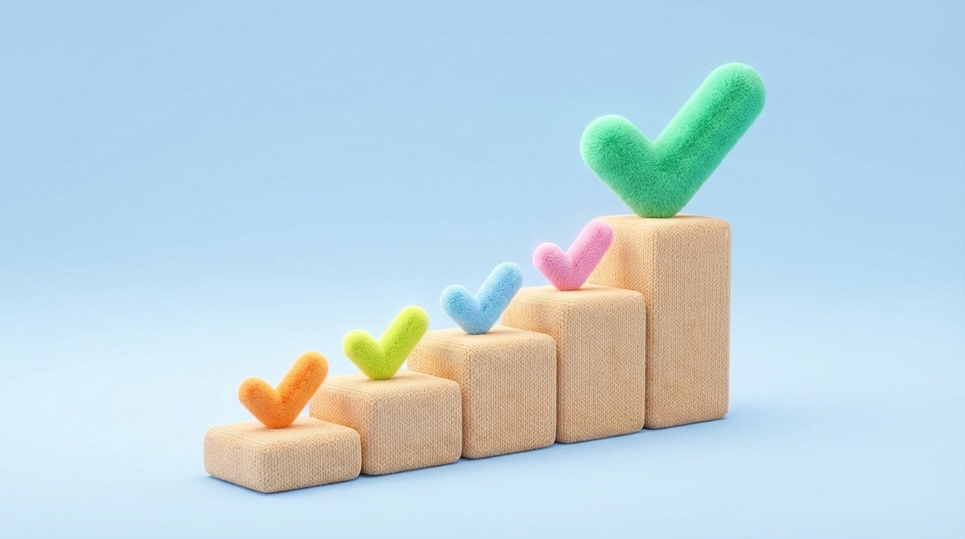 A series of small, individual, brightly colored checkmarks or affirmation symbols arranged in an ascending, stair-like pattern, leading up to a larger, prominent checkmark at the top. Each small checkmark is on its own small, distinct block, symbolizing individual "yes" moments. The background is clean and simple, perhaps a soft gradient of light blues. The composition emphasizes positive progression and incremental achievement. The colors are bright and encouraging, like a collection of small victories.